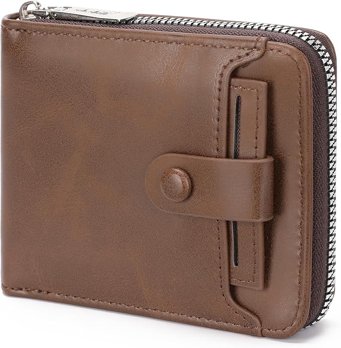 Zipper Wallet for Men Leather Bifold Pocket Wallets RFID Blocking Zip Coin Credit Card Wallets -Big Capacity For Travel