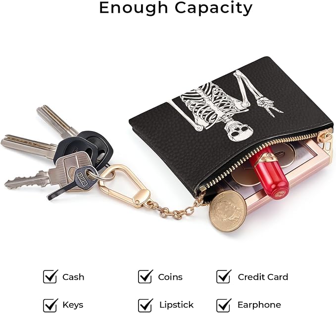 Funny Skull Skeleton Keychain Coin Purse for Women, Small PU Leather Change Pouch, Zipper Little Tiny Travel Wallet for Girls, Cute Kawaii Zip Pocket Coin Holder with Key Ring
