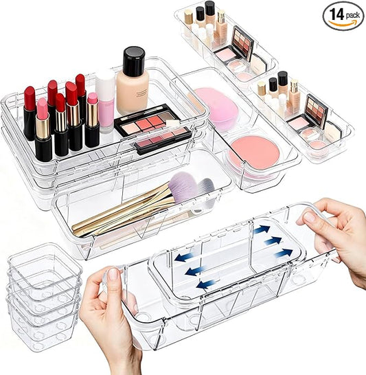 14 pcs Expandable Drawer Organizer Set, Adjustable Acrylic Drawer Dividers, 3 Sizes Storage Bins for Makeup, Vanity, Desk, Kitchen, Bathroom & Dresser Organization (4Large+4 Medium+6 Small)