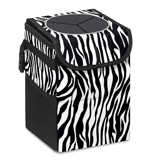 Car Trash Can Leopard Print Zebra Skin Wate-rproof Auto Garbage Bag Car Trash Can with Lid Leak-Proof Car Storage Bag Hanging for Headrest Collapsible and Portable with Storage Mesh Pocket