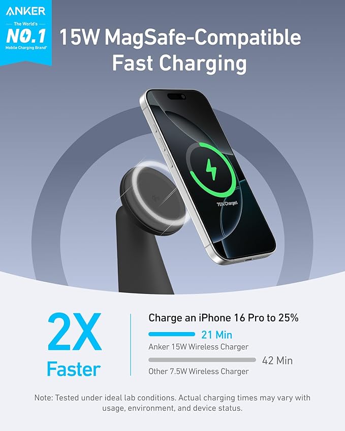 Anker MagSafe Compatible 2-in-1 Charging Stand, iPhone 16 Wireless Charger, Qi2 Certified 15W Ultra-Fast,Adjustable and Super Strong,for iPhone 16/15/14/13/12 Series,AirPods (Black, No Adapter)