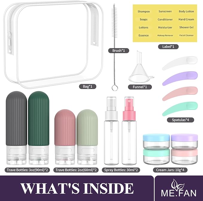 ME.FAN Travel Bottles for Toiletries,18 Pack Silicone Portable Size Bottle, TSA Approved Refillable Cosmetic Container Kits for Conditioner, Shampoo, Lotion,Face Cream - Morandi