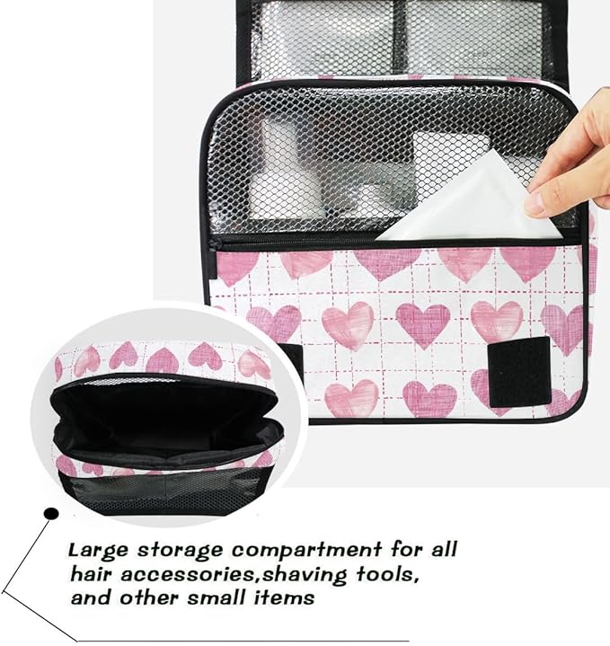 senya Hanging Travel Toiletry Bag Cute Kit Makeup Case Cosmetics Organizer for Men Women (Pink Hearts White Base)