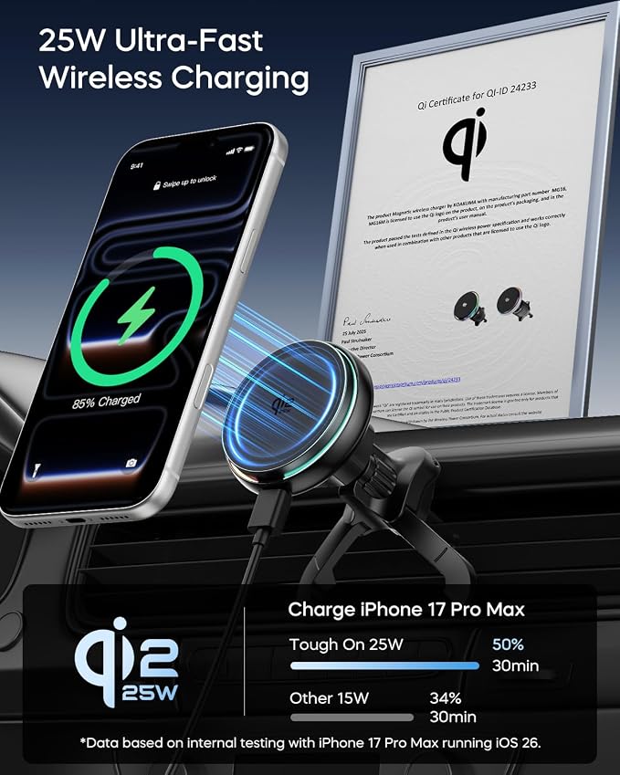 Qi2.2 25W for MagSafe Car Mount Charger, Wireless Car Charger with Cooling Fan, 45W Adapter, Air Vent Magnetic Car Phone Holder, Fast Charging for iPhone 17/16/15 Series & Samsung Galaxy