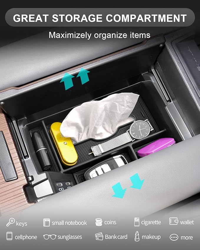 CDEFG Center Console Organizer Tray Compatible with 2021-2024 2025 Toyota Sienna with Tissue Slot, 2025 Sienna Middle Console Organizer Armrest Compartment Storage Box with Tissue and Elastic Band