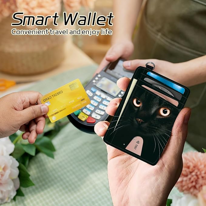 Small Travel Wallets, Black Cat Glitter Slim Minimalist Front Pocket Wallet with Wristlet, RFID Blocking PU Leather Credit Card Holder with ID Window Change Purse for Men Women