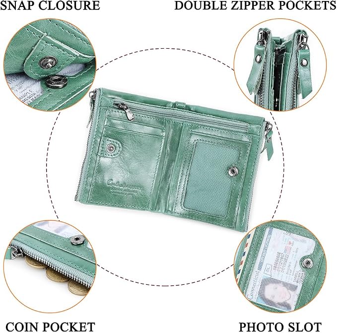 CONTACTS Soft Leather Wallet for Women Small Bifold Coin Purse Double Zipper Card Holder with RFID Blocking (Teal Green)