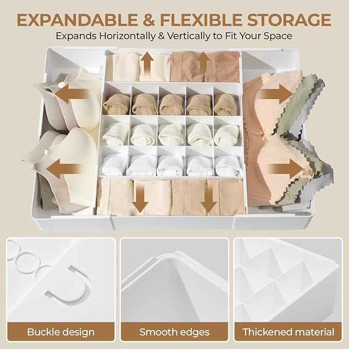 Adjustable Drawer Organizer – 19-Grid Divider for Socks, Bras & Panties, Closet Storage Box for Underwear & Dresser Drawers (15+4)