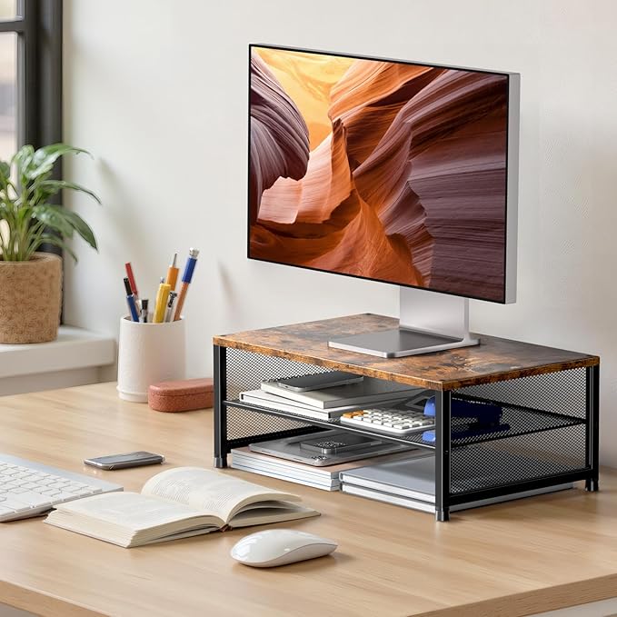 ECOLOVI 2-Tier Computer Monitor Stand Riser, Desk Organizer for Monitor, Printer & Laptop Stand, Desktop Workspace Organizers for Office Supplies(Brown)