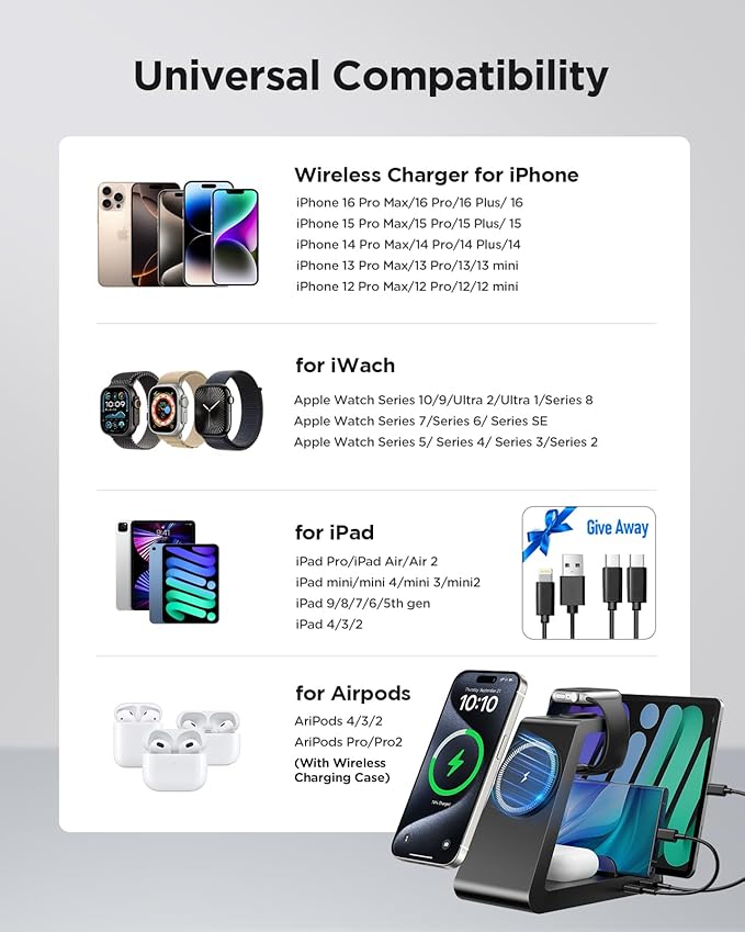 Charging Station for iPhone,5 in 1 Wireless Charger Stand Dock for Apple: Mag-Safe Charging Station for Multiple Devices Apple iPhone 17 16 15 14 13 12 Pro Max Plus iWatch Airpods