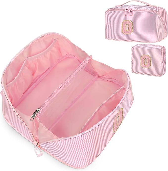 Initial Makeup Bag, Personalized Cosmetic Bag, 2Pcs Large Capacity Make Up Bag for Women, Open Flat Make up Cosmetic Organizer with Handle,Portable Make Up Organizer Pouch for Women - O