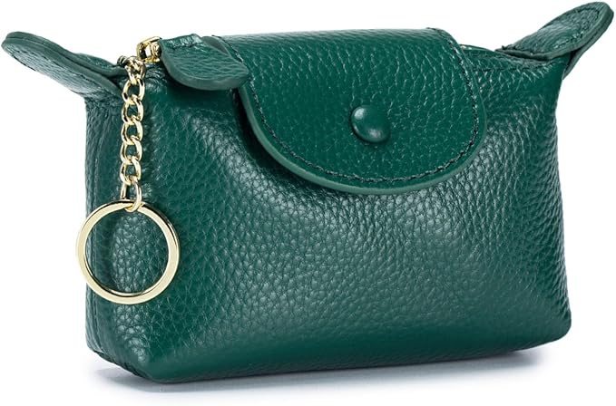 Grass Green Leather Coin Purse with Keychain - Small Zipper Pouch for Women, Mini Wallet for Cash Coins Credit Cards