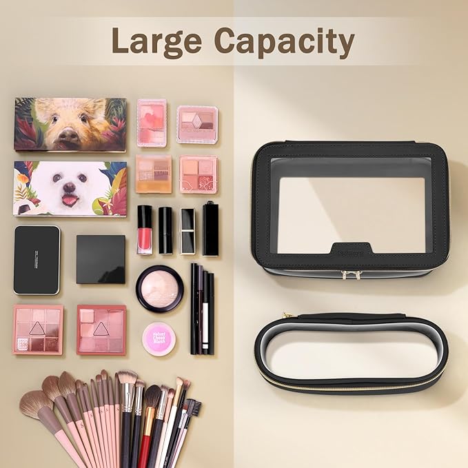 Soimeat Travel Clear Makeup Bag with Makeup Brush Bag, Leather Makeup Case Toiletry Bag, Portable Cosmetic Bag Case, Transparent Waterproof Cosmetic Organizer Storage Bag for Women, Medium, Black
