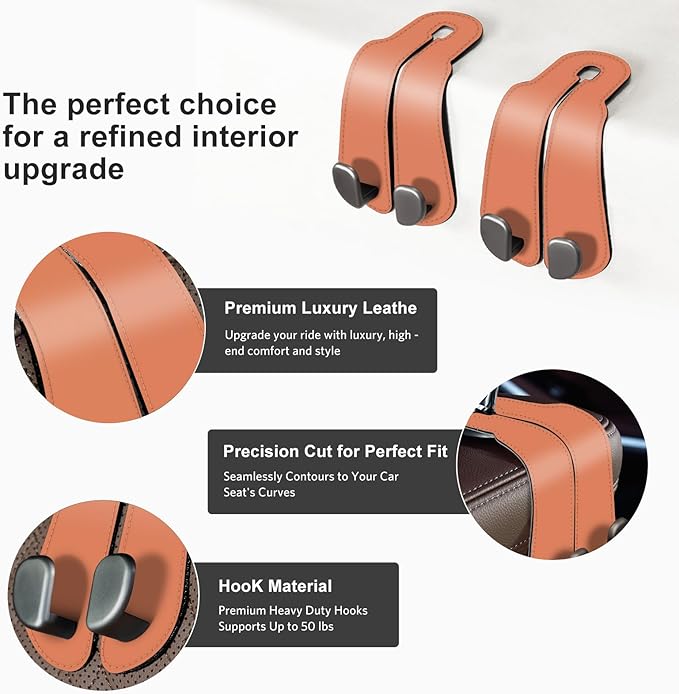 CoBak Purse Hook for Car - Universal Premium Stitched Leather and Aluminum-Magnesium Alloy Double Car Seat Back Storage Hook for Purses, Handbags, Bags (2 Pack),Coral Orange