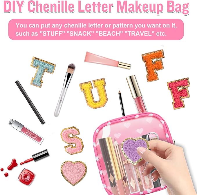 Mini Clear Travel Makeup Organizer Bag for Purse, Samll Cute Preppy Pink Makeup Bag Cosmetic Zipper Pouch Purse, Transparent PVC & Nylon Waterproof Toiletry Storage Clutch for Women Girls(Pink Heart)