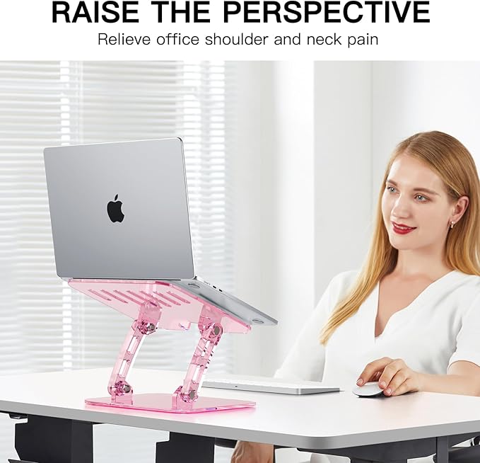 Pink Acrylic Adjustable Laptop Stand,Adjustable Height Foldable Laptop Riser for Desk, Clear Portable Laptop Holder Ergonomic Computer Stand,Compatible with 10-17.3??Laptops (Pink)