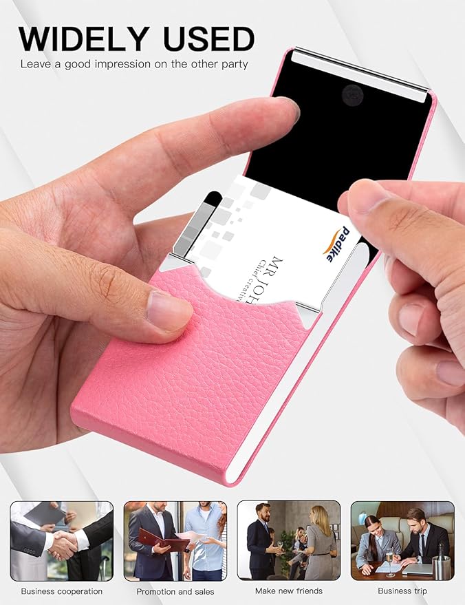 Padike Professional Business Card Holder PU Leather Business Card Case Name Card Holder Slim Metal Pocket Card Holder with Magnetic Shut (Pink)