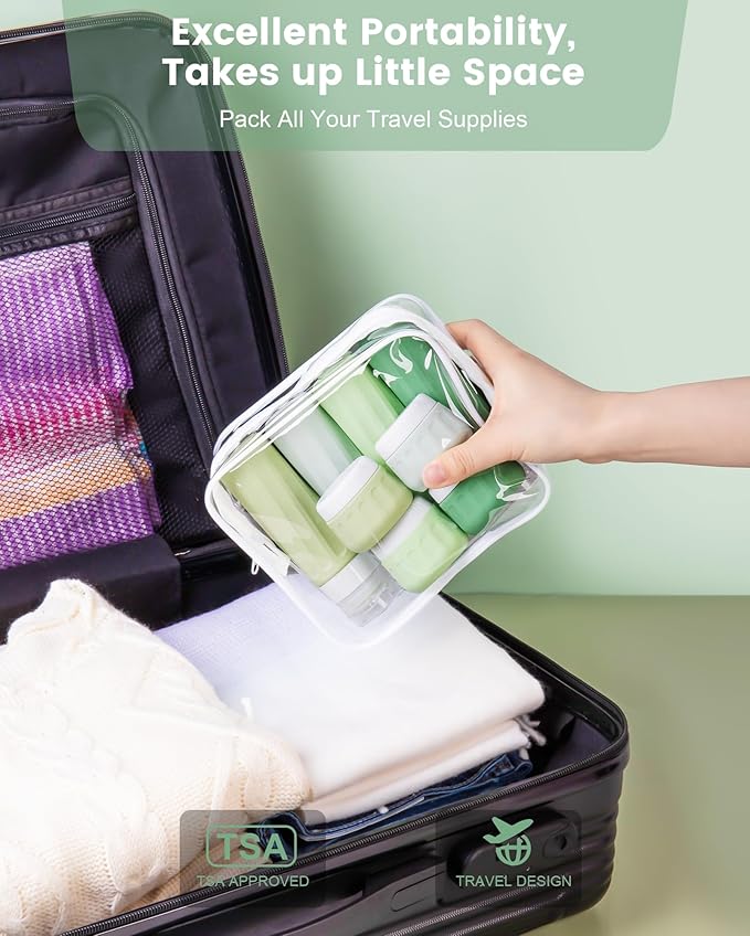 Mrsdry Travel Size Toiletries 10 Pack, TSA Approved 3oz & 1oz Silicone Refillable Containers with Clear Travel Bag