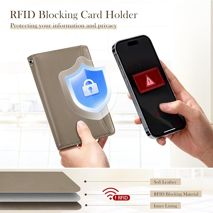 Dadanism RFID Passport Holder for Travel, Pu Leather Passport Wallet Cover with Card Holders, SIM Slots, Zippered Coin Pocket and Cash Slot, Slim Compact Travel Wallet for Women, Khaki Brown