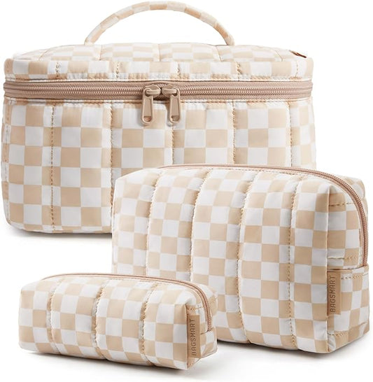 BAGSMART Travel Makeup Bag for Women, 3 Pcs Puffy Quilted Cotton Cosmetic Organizer, Large Toiletry Case and Small Purse Pouch for Gym, Work, Girls (Khaki Brown checkered)