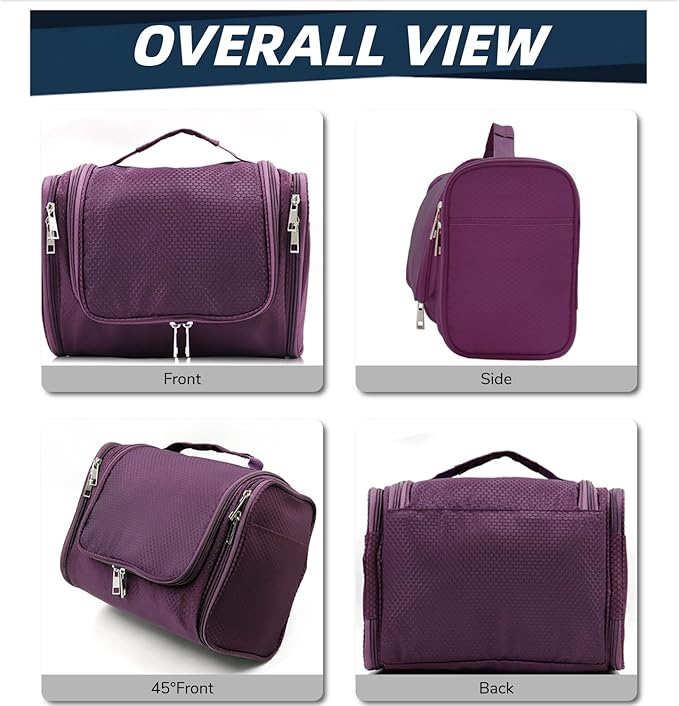 Buruis Hanging Toiletry Bag for Women and Men, Large Water-Resistant Makeup Organizer with Sturdy Hook, Lightweight Nylon Dopp Kit for Full-Sized Toiletries & Cosmetics, Purple