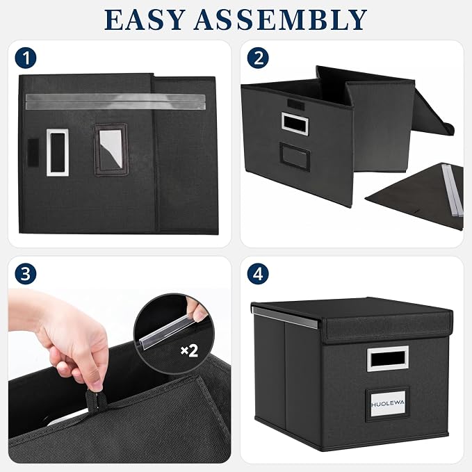 File Organizer Box with Lid, Collapsible File Folder Organizer for Office Document Storage, Filing Box with Plastic Slide for Letter Size Hanging File Folders(1 Pack, Black)