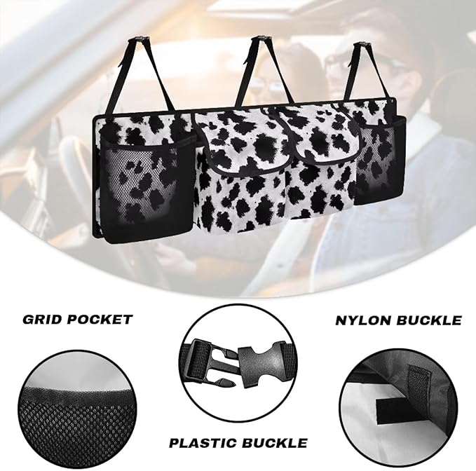 Cow Pattern Car Trunk Organizer and Storage Backseat Hanging Cargo Bag Seat Back Car Organizer Storage Bag with 4 Pockets 3 Adjustable Straps