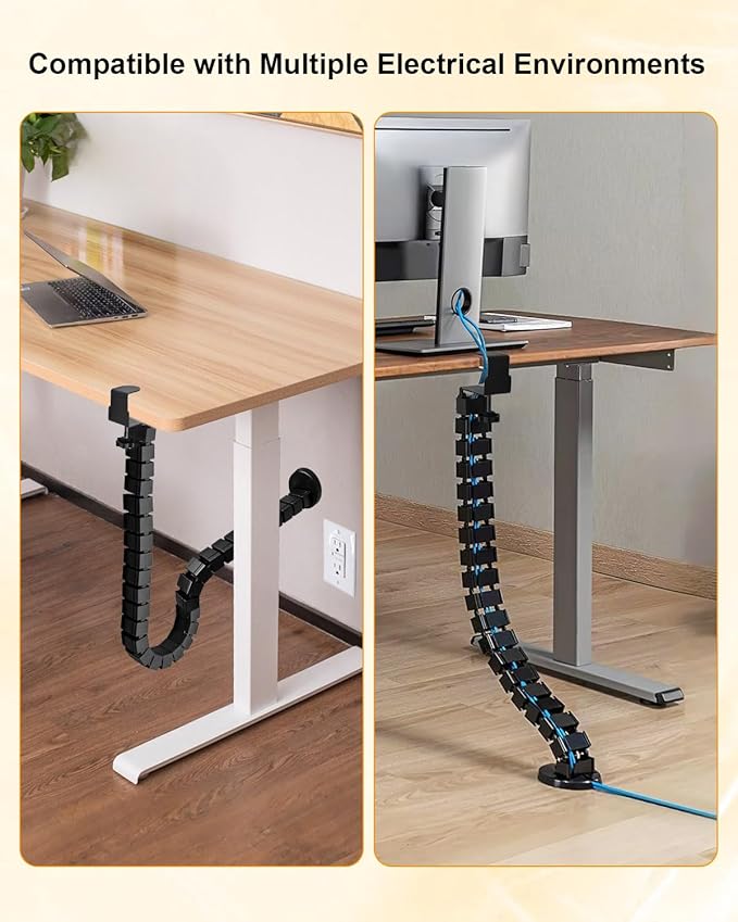 No Drill Clamp-On Under Desk Cable Management Kit, Adjustable Vertebrae Cord Organizer, Flexible Under Desk Wire Management for Standing Desk, Black