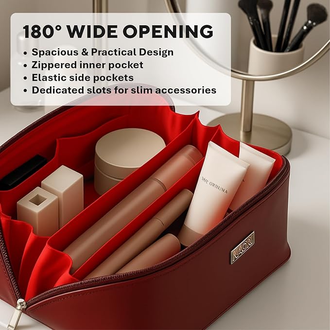 NAORI Travel Makeup Bag for Women | Large Luxury Cosmetic Organizer with Handle & Inner Pockets | Waterproof Faux LeatherToiletry Bag | Makeup Case for Home, Travel & Gifting (Classic Burgundy)