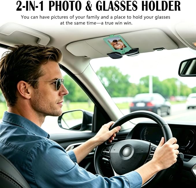 Magnetic 2-in-1 Sunglass & Photo Holder for Car Visor, Leather Anti-Slip No-Fall No-Slide, Fits SUV Truck RV