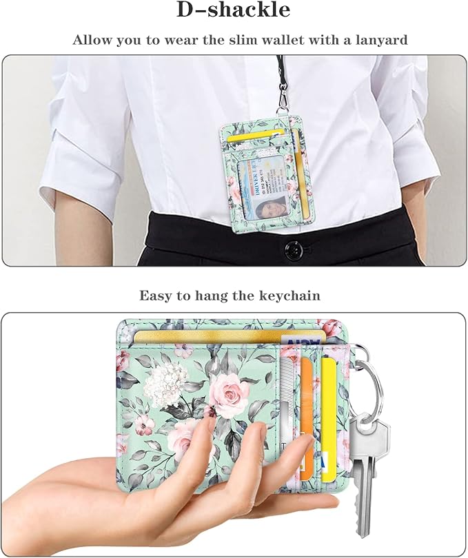 Coco Rossi Slim Front Pocket Wallet RFID ID Card Holder Cute Small Wallet with Keychian for Women,Green Flowers