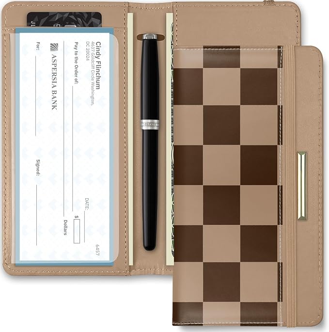 Printed Checkbook Cover, RFID Blocking Checkbook, Stylish, Lightweight, Slim Durable, Multi-Functional Checkbook Holder for Personal and Business Checks (Plaid-Brown)