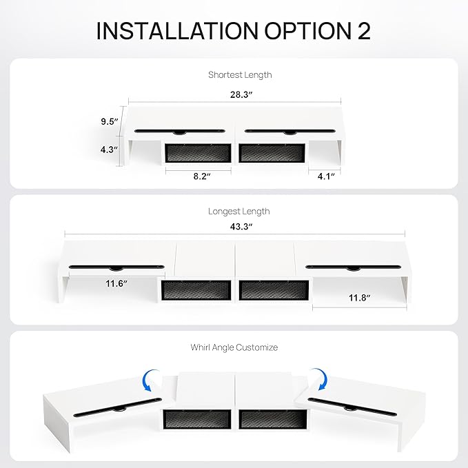 ZIFTY Dual Monitor Stand Riser for 3 Monitors, Desk Organizer with 2 Drawer and Smartphone Holder, Adjustable Length & Angle Workspace Organizers for Monitors Laptop Printer Computer, White