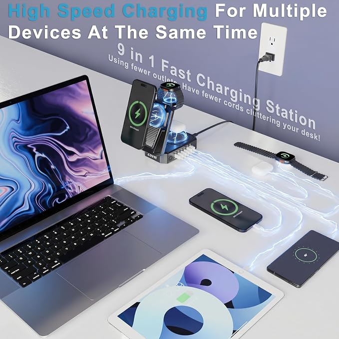 250W Charging Station for Multiple Devices Apple, Foldable 9‑in‑1 Wireless Charger for iPhone, iWatch, USB‑C PD100W Fast Charging Stand Dock for MacBook Air & Pro (Wireless Charging Only for Apple)