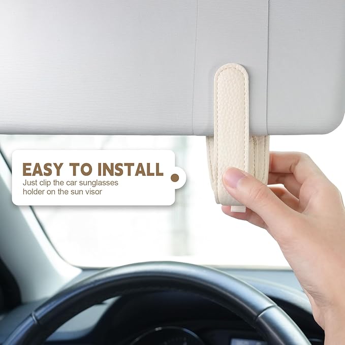 JUSTTOP 1Pack Sunglass Holder for Car, Magnetic Leather Buckle Sun Visor Sunglass Clip, Ticket Card Clip Sunglasses Mount, Car Interior Accessories for Men and Women (Beige)