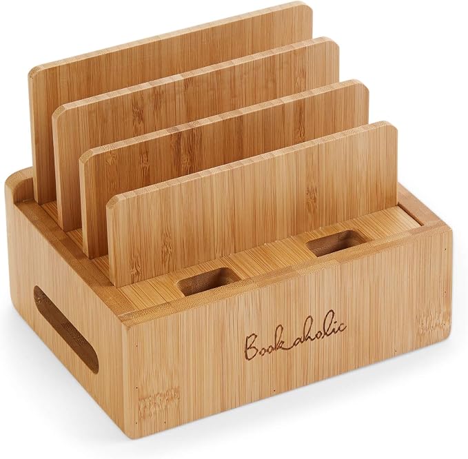 Bookaholic Bamboo Multi-Device Charging Station & Organizer - Rustic Elegant Desktop Dock for Smartphones, iPhone, iPad & Tablets - USB Compatible - Eco-Friendly