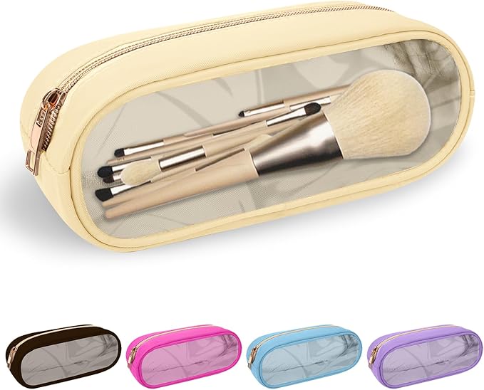 Nylon Small Clear Makeup Bag Slim Pencil Pouch, Cute Makeup Bag Preppy Cosmetic Zipper Pouch Pencil Case for Purse, Travel PVC Toiletry Bag Clutch Coin Pouch Makeup Brush Bag for Women Girls(Beige)