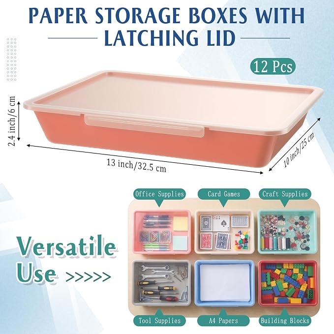 Tinlade 12 Pcs Classroom Paper Storage Bins with Clear Latching Lid, Label Stackable Letter Size Flat Tray Container for Teacher Back to School Supplies Home Office Desk Arts Crafts (Boho,13x10in)
