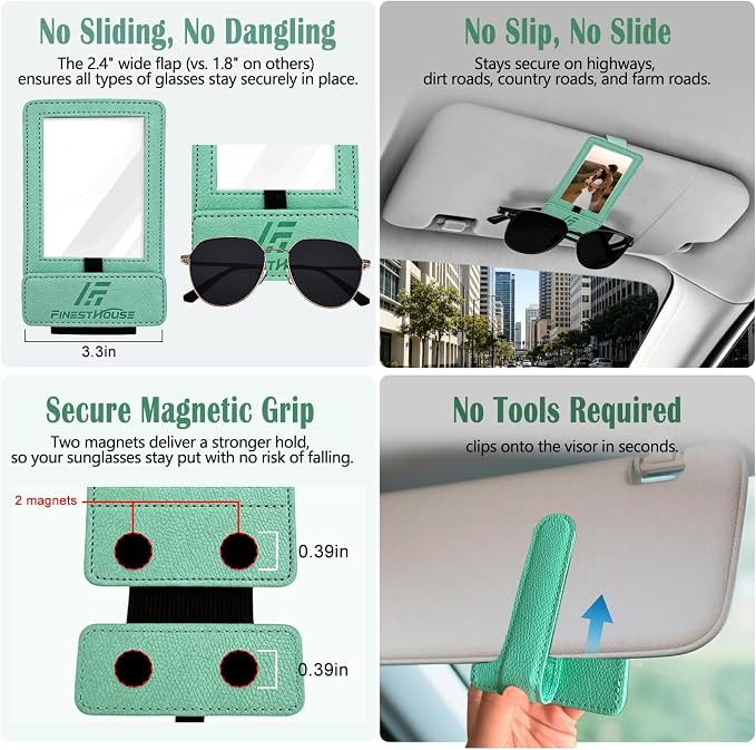 Magnetic 2-in-1 Sunglass & Photo Holder for Car Visor, Leather Anti-Slip No-Fall No-Slide, Fits SUV Truck RV