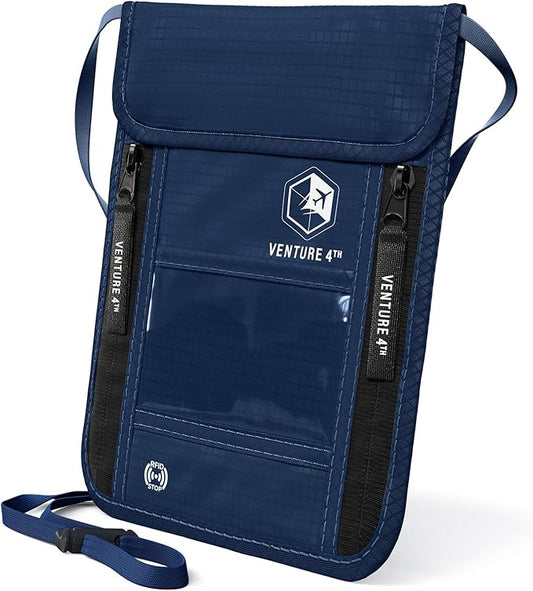 VENTURE 4TH Neck Wallet for Women & Men – RFID Blocking Passport Holder for Travel, Hidden Neck Pouch with 6 Compartments, Slim Lightweight Travel Organizer with Adjustable Strap (Navy Blue)