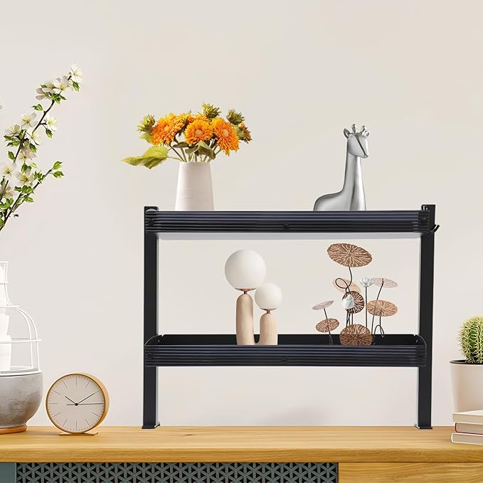 2-Tier Clamp-on Desk Shelving Unit, Adjustable Metal Storage Tray Desk Shelf, Space-Saving Desktop Organizer for Gaming Devices, Office Supplies and Dresser Top Storage, Ideal for Office, Study
