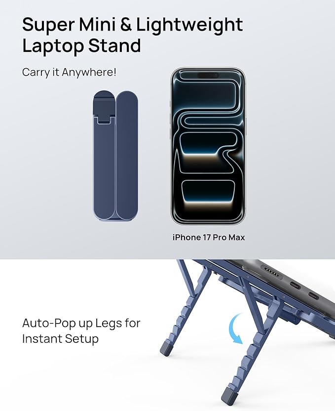SODI Ultra Compact Foldable Laptop Stand - Portable Laptop Holder for Desk & Travel Use, Adjustable, Ergonomic Aluminum Computer Holder for MacBook, Tablet 10-16" (Blue, Bi-Fold)