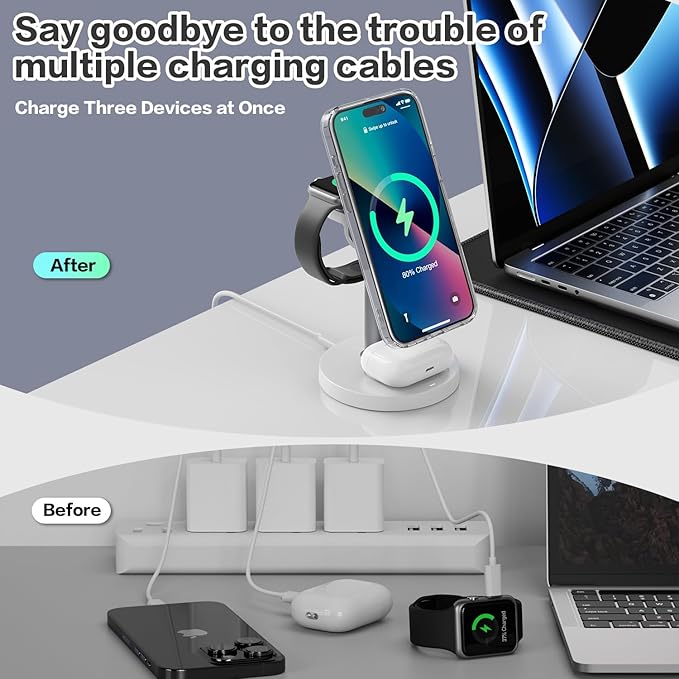 3 in 1 Wireless Charging Station Compatible with MagSafe, 15W Fast Charging Magnetic Mag-Safe Charger Stand for Apple iPhone 17 16 15 14 13 12Series Apple Watch AirPods Pro 4 3 2, Gifts for Men Women