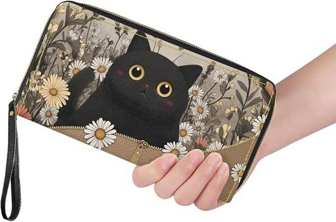 Bulopur Daisy Black Cat Wallet for Women Purse with Wristlet PU Leather Waterproof Ladies Purses Handbag Zip Around Coin Cash Clutch Card Organizers Gifts for Him