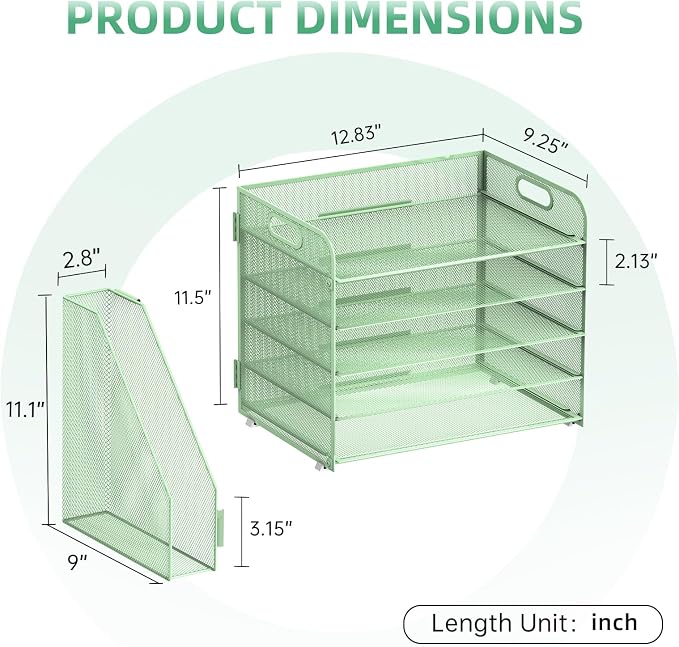SUPEASY 5-Tier Desk Organizer with File Holder, Desk Organizers and Accessories, Paper Organizer for Desk, Mesh Desktop File Organizer, Workspace Organizers for Office School Home, Green