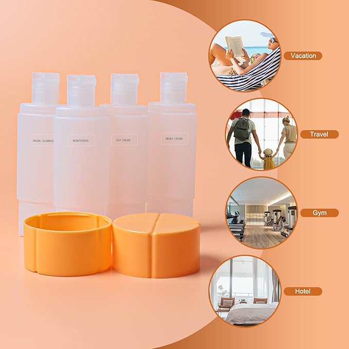 Olatay Travel Bottle, TSA approved 4-in-1 Leak-Proof Bottle, 4 * 60ml/2oz, with 2 Pre-printed Labels for Travel Gym Camping, Carry-On Travel Size Toiletries Shampoo Lotion Bottle for Women Men（Orange）