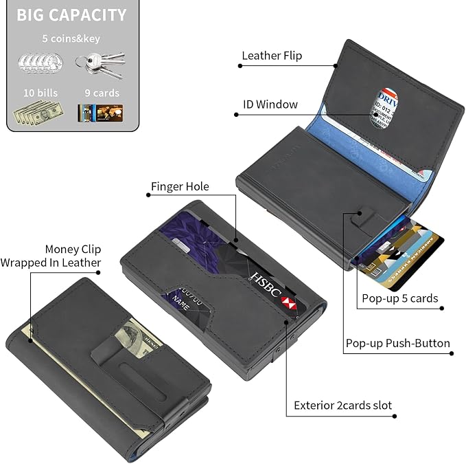 Mens slim Wallet，with RFID Shielding, Holds 9 Cards Easily, metal wallet， card wallet for Men, Minimalist Wallet For Men, Made of aluminum and Pu Synthetic Leather, Includes Cash clip (Black)
