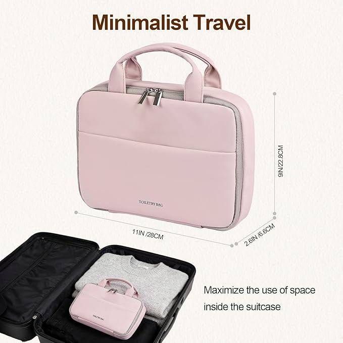 Greenfeather Hanging Travel Toiletry Bag for Women, Compact Yet Spacious Makeup & Cosmetic Organizer with Multiple Compartments, Waterproof Portable Bag for Short Trips & Weekend Travel (Rose Pink)