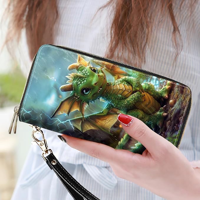 Women's Large Capacity Wallet PU Leather Double Zipper Clutch Purse Multifunctional Wallet with Removable Wristlet Strap for Smart Phone/Coin/Card/Cash, Cute Dragon Baby