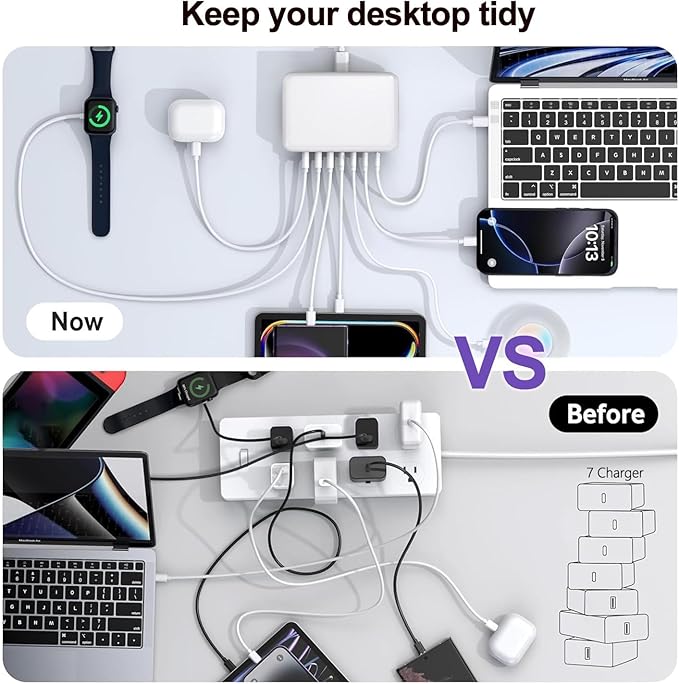 200W USB C Charger Block, 200W GaN 7 Port USB Charging Station PD 65W Laptop Power Adapter Wall Plug, USB C Block Charging Hub Compatible with MacBook Pro/Air/iPhone 16/15/14/13/iPad/Galaxy S24/S23
